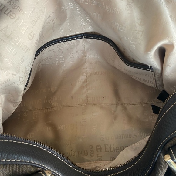 Etienne Aigner Shoulder Bag Brown Double Strap Fabric Leather Trim Gold Metal - Picture 8 of 9